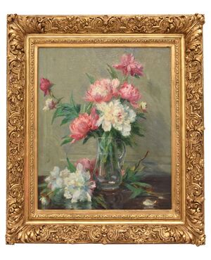 DIPINTI ANTICHI DI FIORI, NATURE MORTE CON VASO DI PEONIE, OLIO SU TELA, INIZIO XX SECOLO. (QF689)