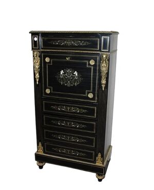 Secretaire francese Boulle in legno ebanizzato con bronzi e avorio XIX secolo