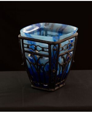 Daum-Majorelle - Blue glass and wrought iron vase     