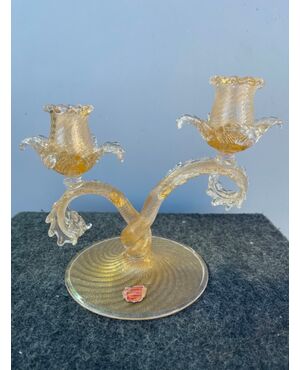 Two-burner spiral glass candlestick with gold leaf inclusions.Zecchin-Martinuzzi manufacture.Murano     