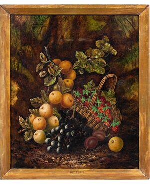 J. Clays (British, XIX-XX sec.) - Natura morta con cesto di frutta.