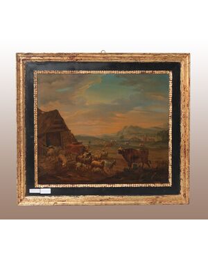 Olio su tela olandese del 1700 raffigurante animali al pascolo