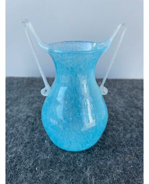 Two-handled pulegoso blue glass jar.Fratelli Toso.Murano     