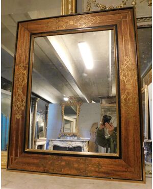 specc300 - walnut mirror with golden inlays, early 1900s, measuring cm l 80 xh 100     