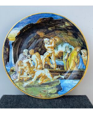 Majolica plate with historiated decoration from the Divine Comedy with scene description.Manifattura di Angelo Minghetti.Bologna.     