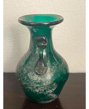 Iridescent green glass jar with archaeological style handle.Fratelli Toso.Murano     