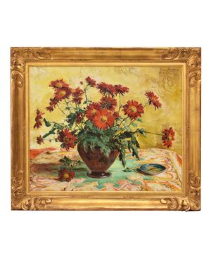 QUADRI ANTICHI, ART DECO, NATURA MORTA, FIORI DI MARGHERITE ROSSE, OLIO SU TELA, XX SECOLO. (QF690)