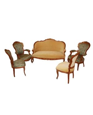 Salotto Luigi XV con bronzi in legno di Bois de Rose Divano 2 Poltrone e 2 Sedie