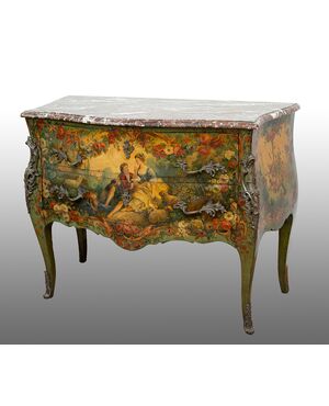 Cassettone antico Napoleone III Francese in legno laccato e dipinto con piano in marmo rosso Francia. Periodo XIX secolo.