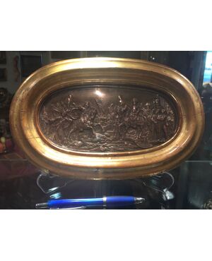 Oval copper plaque depicting the Napoleonic battle of Austerlitz with a contemporary 19th-century frame.