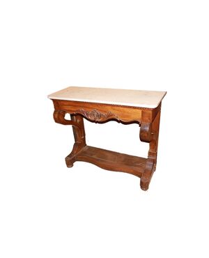 Consolle francese stile Luigi Filippo in legno di noce con piano in marmo cassetto e motivi di intaglio