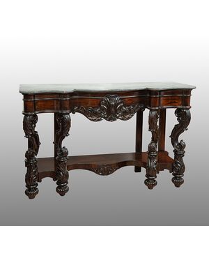 Consolle antica Luigi Filippo Napoletana in legno esotico pregiato con piano in marmo grigio bardiglio. Periodo XIX secolo.