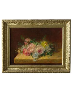 "Rose sul tavolo" olio su tela francese Ottocento - O/6796