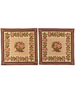 Pair of small square embroidered Needle Point rugs - no. 361-362