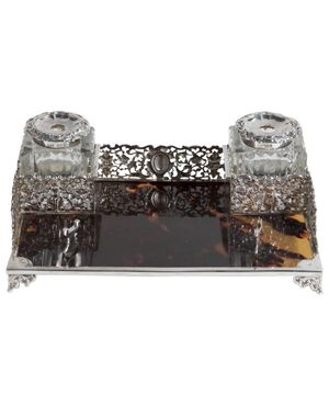 English silver and tortoiseshell inkwell - A/2128