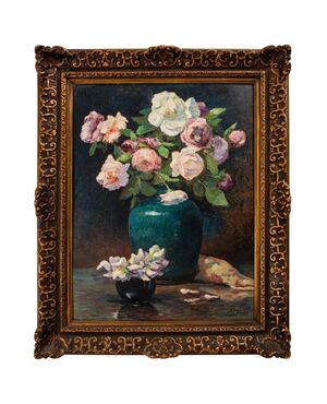 Roses in a vase on the table, French painting - O/5501