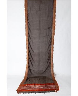 Antique Indian Sari, brown color, brick red and gold border - B/1524