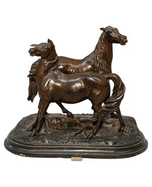 Statua francese in bronzo con cavalli - O/2677 -