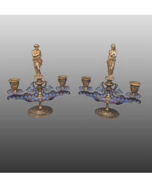 Coppia di candelabri - Bronzo dorato, Smalto cloisonné - XIX secolo