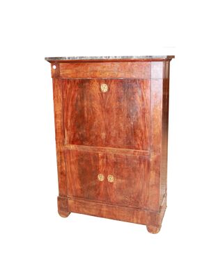 French Empire style secretaire from the mid-1800s with bronze escutcheons and black marble top.