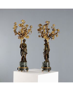 Coppia di Candelabri in Bronzo e Marmo Verde Alpi Francia Fine '800 Primi '900