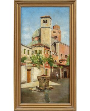 Pittore veneziano (XIX sec.) - Venezia, veduta del Campiello del le Chiovere verso la chiesa di S. Rocco e il campanile di S. Maria Gloriosa dei Frari.