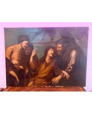 Ancient painting on canvas depicting Christ among the disciples 17th century 97 x134 cm     