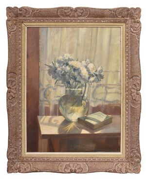 ANTIQUE FLOWER PAINTINGS, STILL LIFE WITH VASE OF WHITE CARNATIONS, OIL ON CANVAS, EARLY 20TH CENTURY. (QF691)