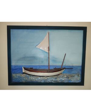 barca a vela su tavola in legno cm.87x67