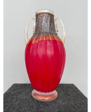 Heavy sommerso glass vase ribbed and acid worked with gold and silver inclusions.Signed.La Fornasotta.Murano.     