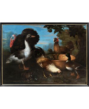 Maestro fiammingo (XVII sec.) - Natura viva con tacchino, anatre, gallo e coniglio.