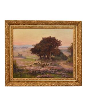 ANTIQUE PAINTINGS WITH LANDSCAPES WITH FLOCK, ÉDOUARD PAIL, OIL ON CANVAS, LATE 19TH CENTURY. (QP693)