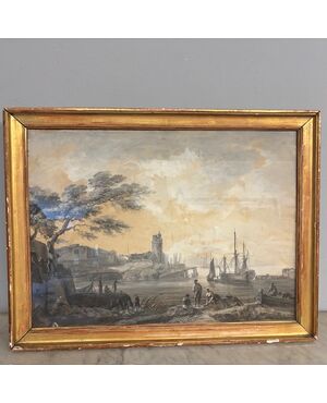 Antique 18th-century grisaille painting on paper, marine port scene. Gilded frame. Size 67 x 51 cm.