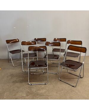 Set of 6 foldable design chairs from the 70s. Metal and smoked plexiglass. Vintage.