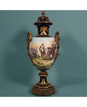 Grande vaso Francese di Napoleone raffigurante la battaglia di Friedland, datato 1807, montatura in bronzo dorato. Dipinto firmato H. Desprez, Sèvres. Fine XIX secolo