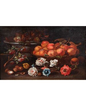 Still life with figs, peaches, grapes and flowers