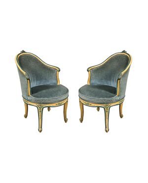Pair of swivel armchairs in lacquered and painted wood. Venice, 18th century.