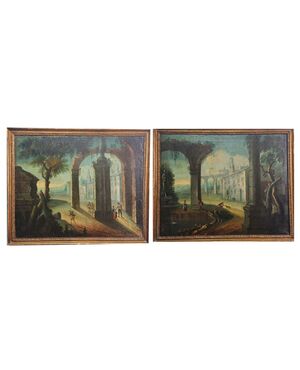 COPPIA DI CAPRICCI ARCHITETTONICI - XVIII SEC- GIOVANNI DOMENICO GAMBONE (AMBITO DI)