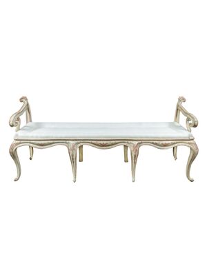 Wall-mounted bench in lacquered and painted wood. Venice, 18th century.