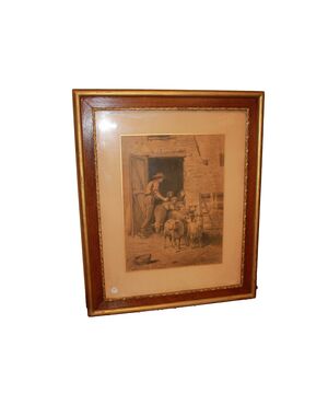 Pastello Francese del 1800 Raffigurante Scena Di Vita campestre Pastore con Gregge