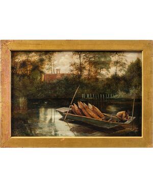 English painter (late 19th century) - River landscape with boat.