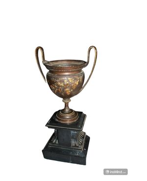 Pair of bronze-type metal vases with marble base, late 1800s