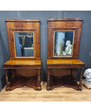 Pair of walnut consoles Carlo X 1820 with mirrors