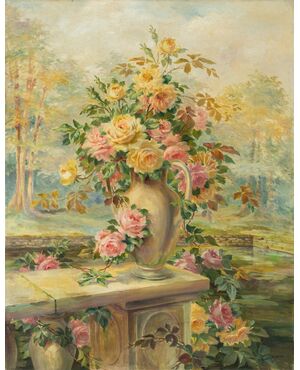 Pittore francese (datato 1919) - Natura morta con vaso di rose.