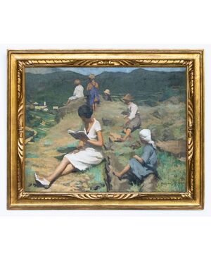 Reading scene in a mountain landscape – Italian painting, late 19th century