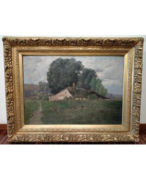 Signed French oil on canvas from the 1800s depicting a rural landscape with a house
