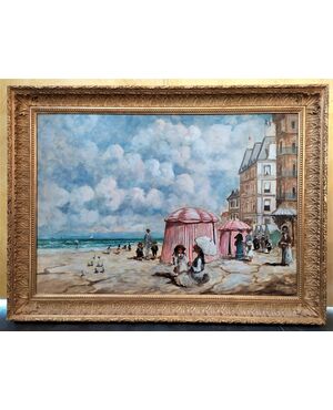 Large oil painting on canvas &quot;Beach&quot; signed - Italy, 20th century.     
