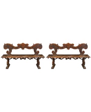Pair of noble benches in solid carved walnut. Northern Italy, 17th century.