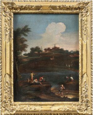 Pittore veneziano (XVIII sec.) - Paesaggio fluviale con personaggi.