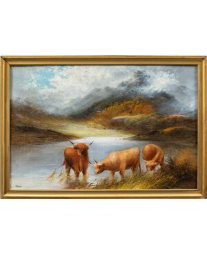 Frank Walters (British, late 19th century) - Highland cattle at the lake.